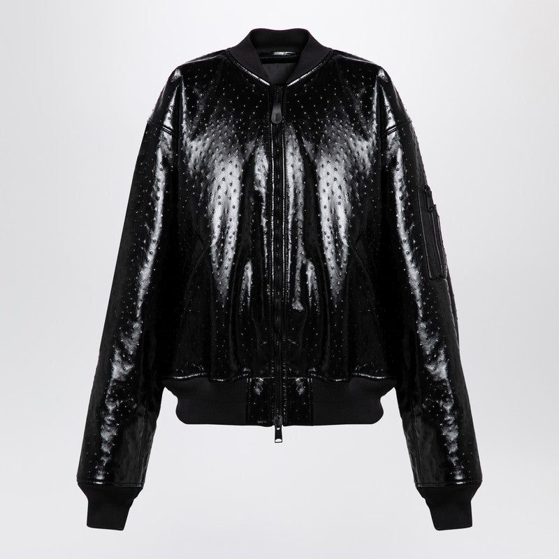 Balenciaga - Balenciaga Black leather ostrich-effect bomber jacket - Jackets