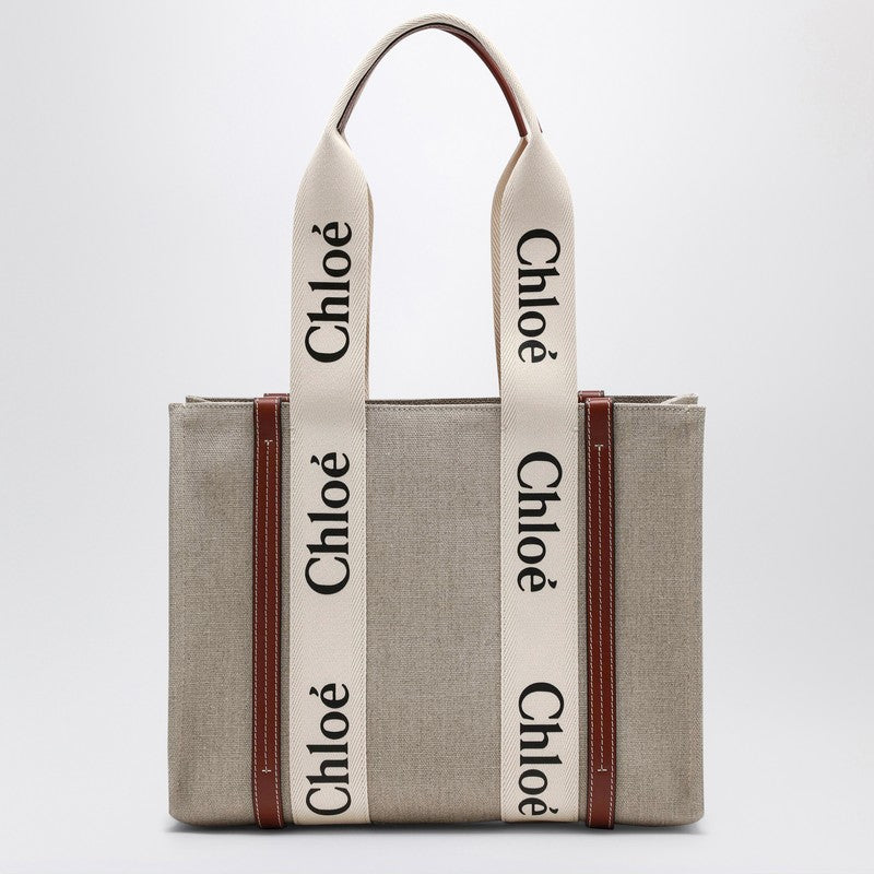 Chloé - Chloé Woody medium bag in beige canvas - Women’s Bags