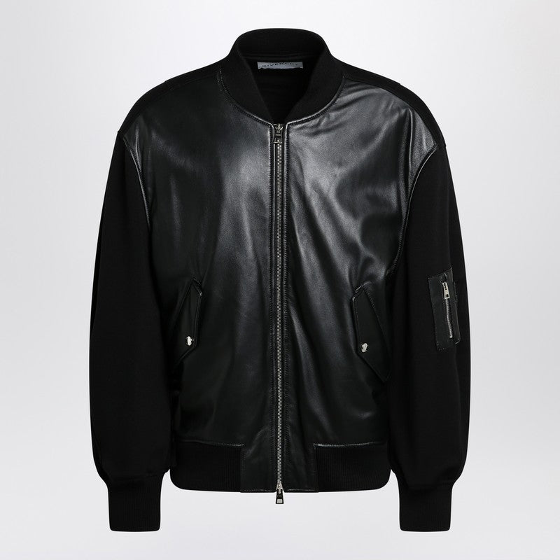 Givenchy - Givenchy Black leather bomber jacket with wool sleeves - Jackets