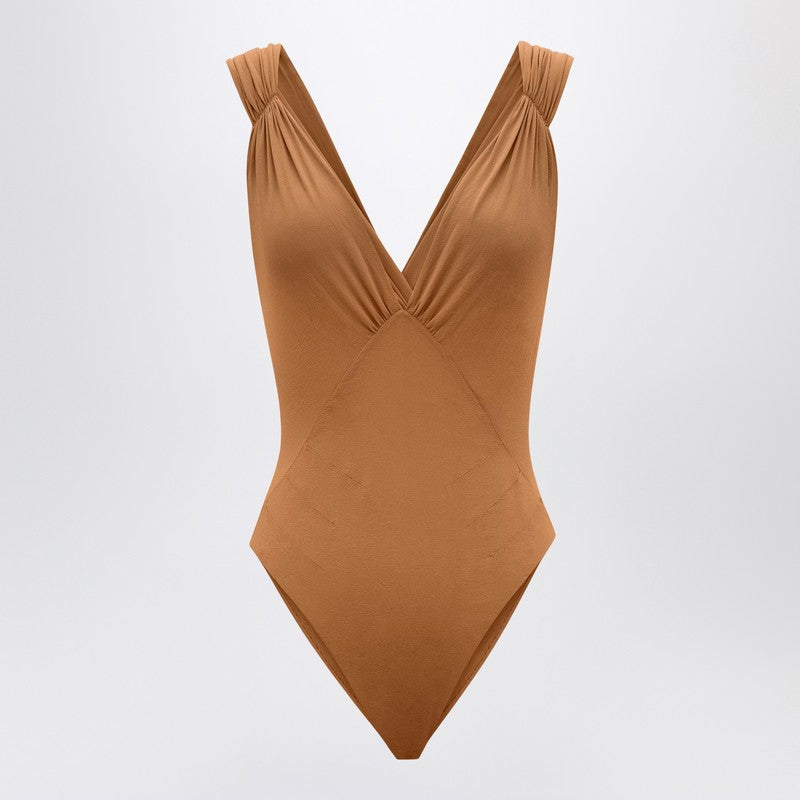 Saint Laurent - Saint Laurent Brown silk-blend crossover bodysuit - Topwear