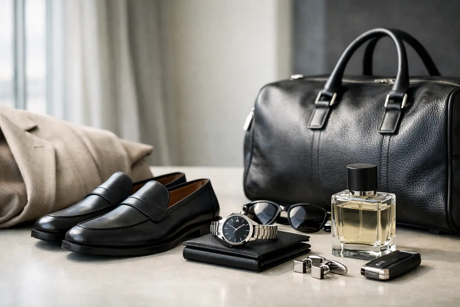Black leather duffel bag with silver hardware and textured surface featured in 12 quiet luxury brands for men to know