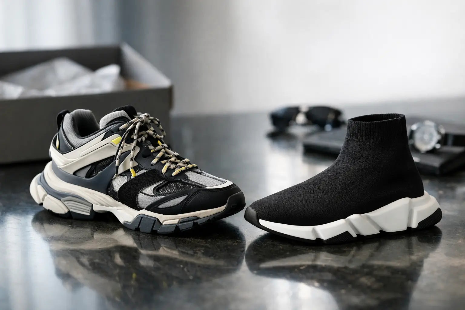 Balenciaga sneakers review featuring black and white triple s sneaker with chunky sole mesh upper and yellow laces