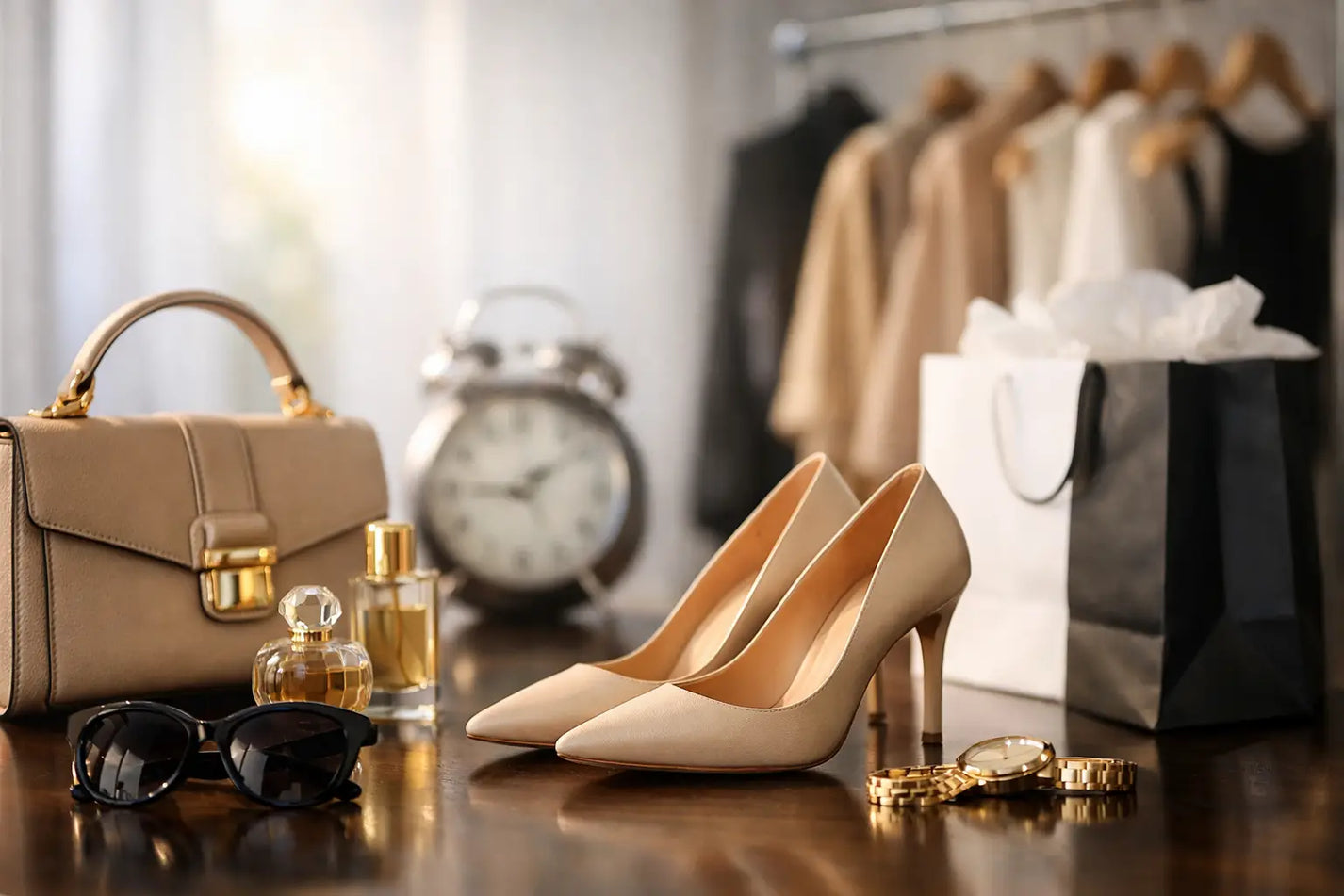 Beige satin high-heeled pumps with pointed toe and gold-tone hardware perfect for designer sale shopping