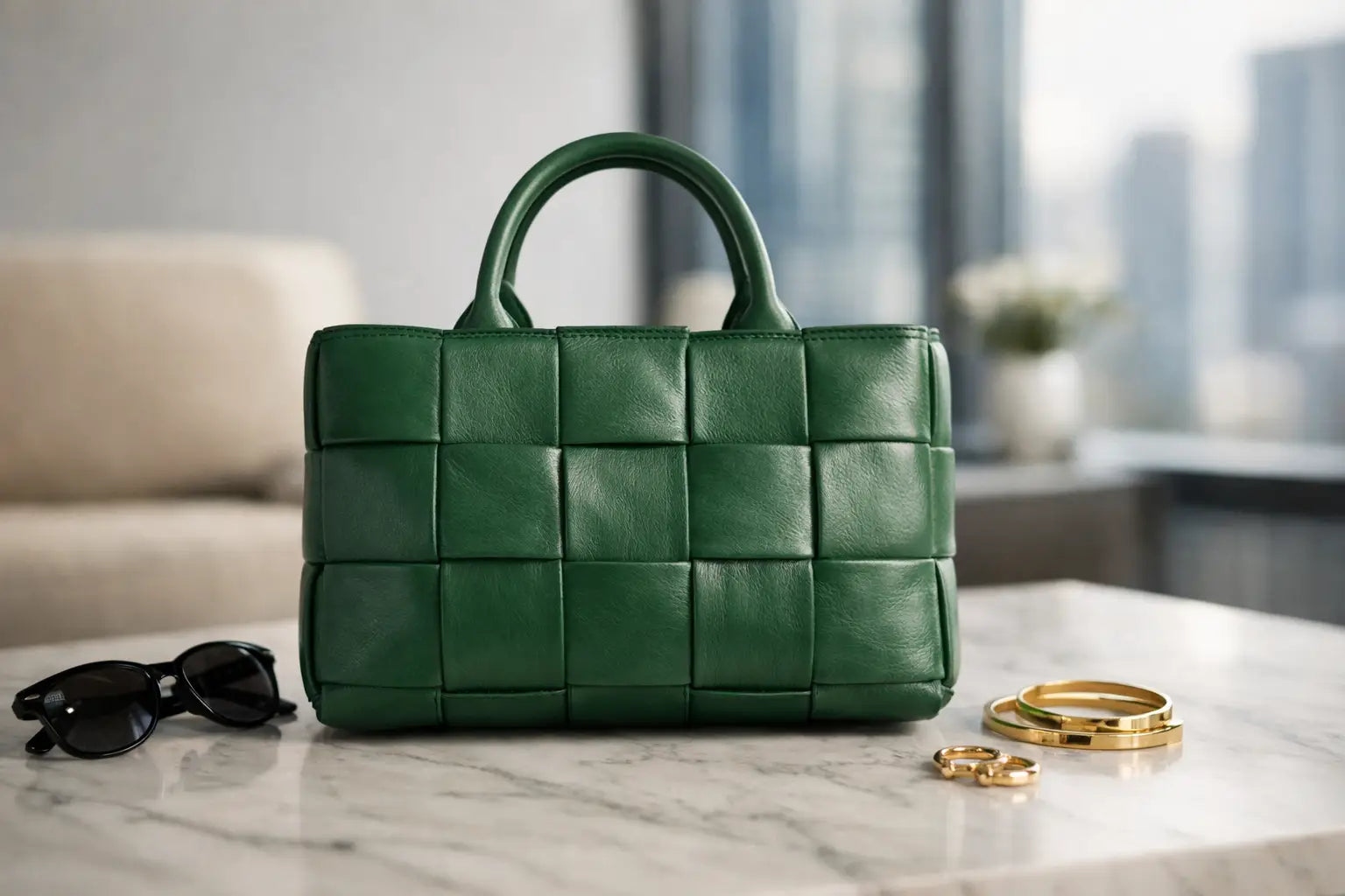 A vibrant green woven leather handbag with a structured grid pattern and top handles in a Bottega Veneta bag review.