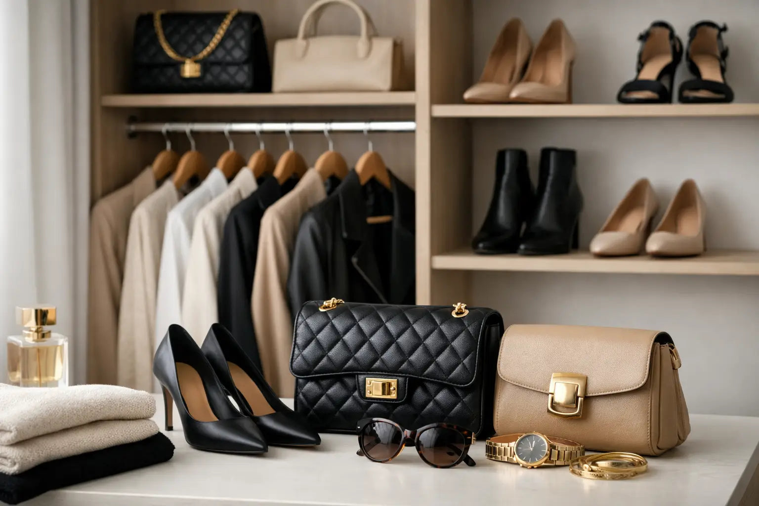 Black quilted leather handbag with gold-tone hardware perfect for building a designer wardrobe accessory