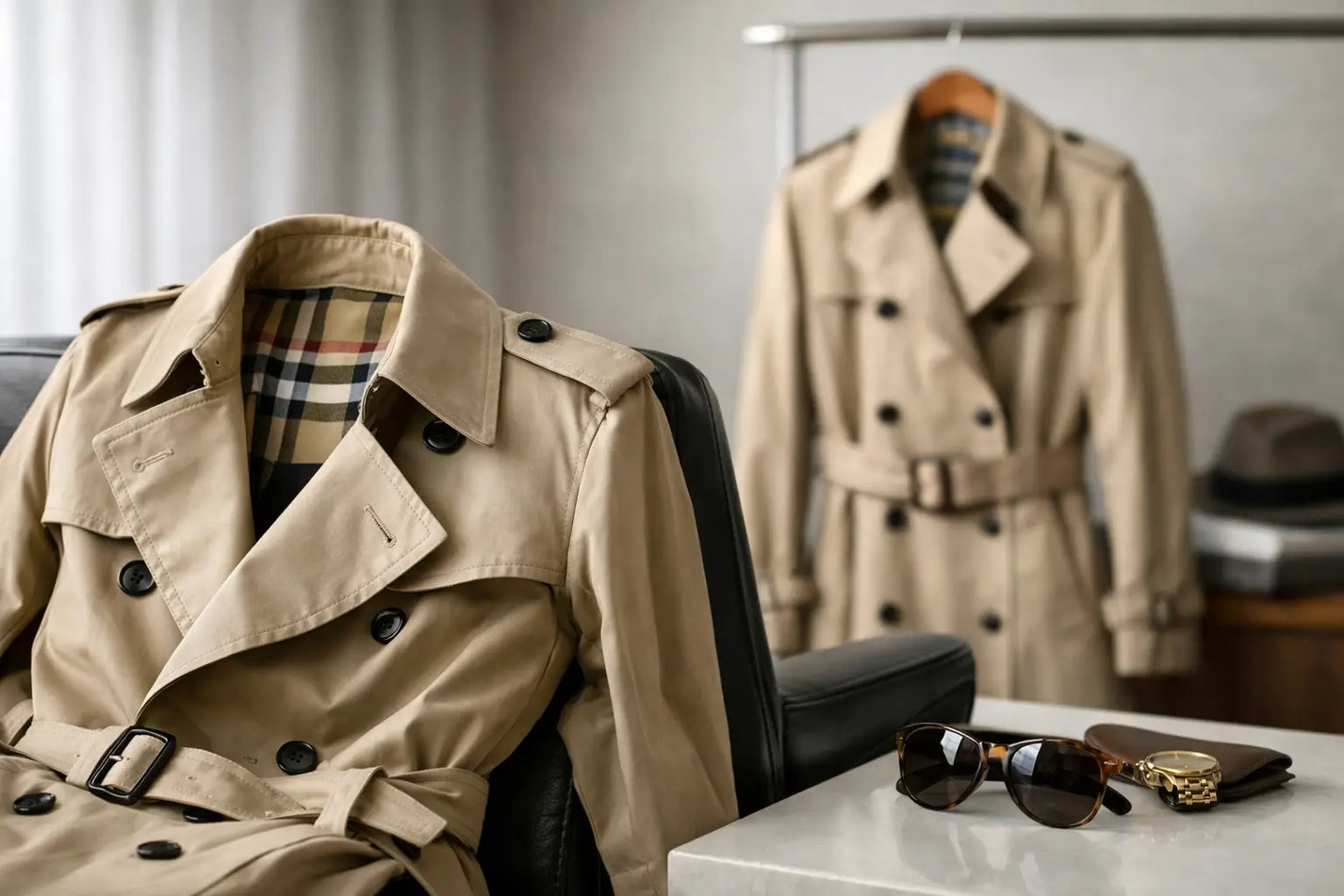 Beige burberry trench coat with classic checkered lining and black buttons featured in burberry trench coat review worth it