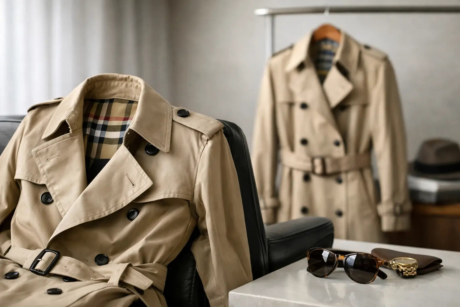 Beige burberry trench coat with classic checkered lining and black buttons featured in burberry trench coat review worth it