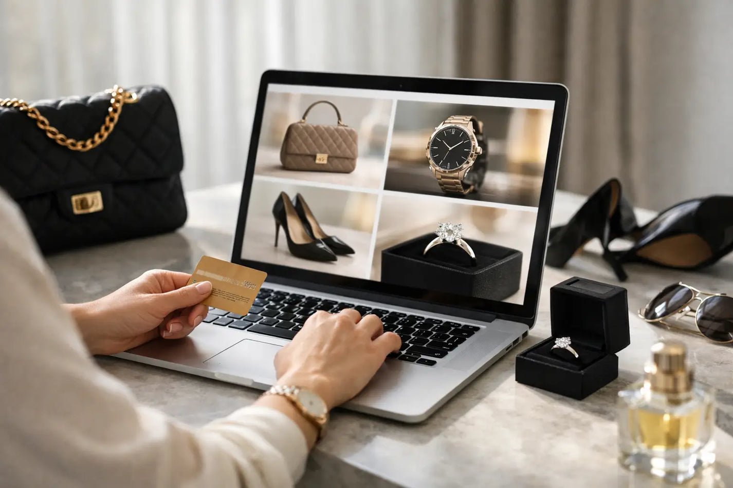 Black quilted leather handbag with gold-tone chain strap and clasp featured in how to buy luxury online with confidence.