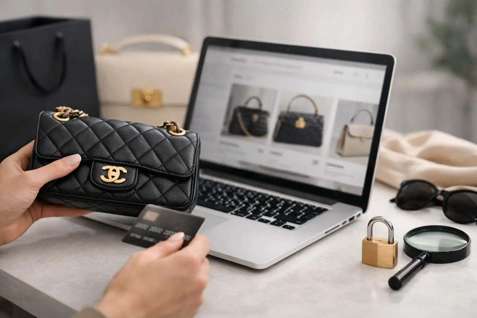 Black quilted leather chanel handbag with gold-tone hardware featured in an article about buying designer online safely