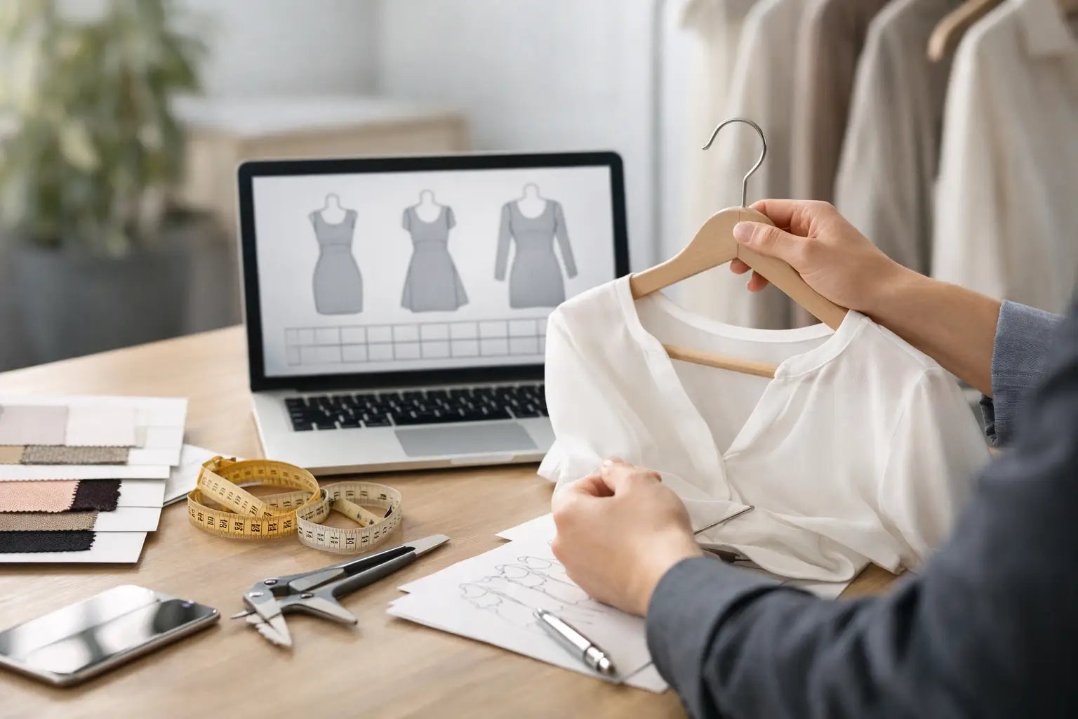 A white cotton blouse with a simple collar and short sleeves on a wooden hanger for designer sizing guidance