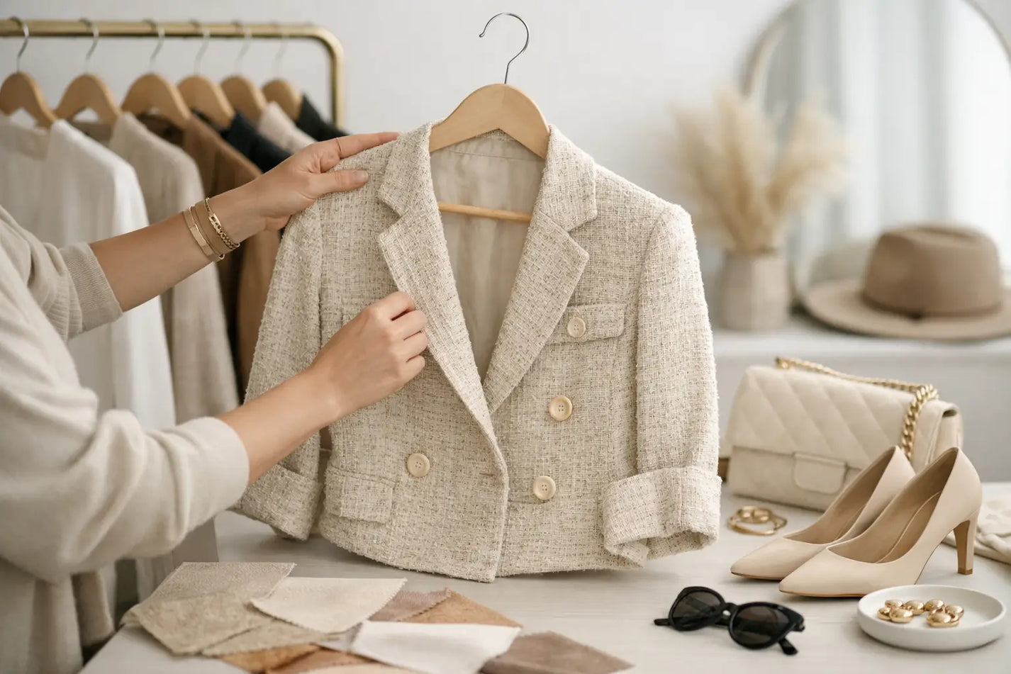 Beige tweed double-breasted blazer with classic collar and button details in curated fashion meaning article