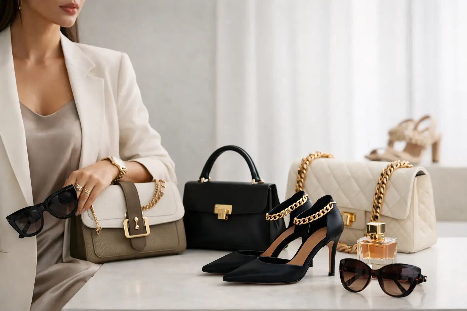 Beige quilted leather handbag with gold chain strap and metallic clasp featured in designer new arrivals women want now