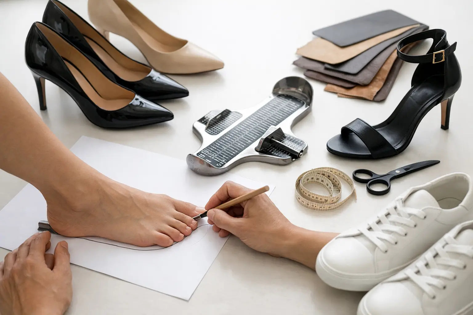 Black patent leather high-heeled shoe with buckle strap and slender heel for designer shoe sizing guide.
