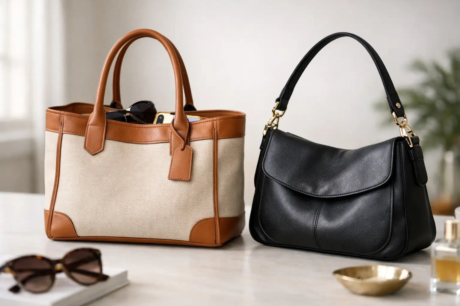 Beige and brown leather tote bag with contrasting tan accents featured in designer tote vs shoulder bag comparison.
