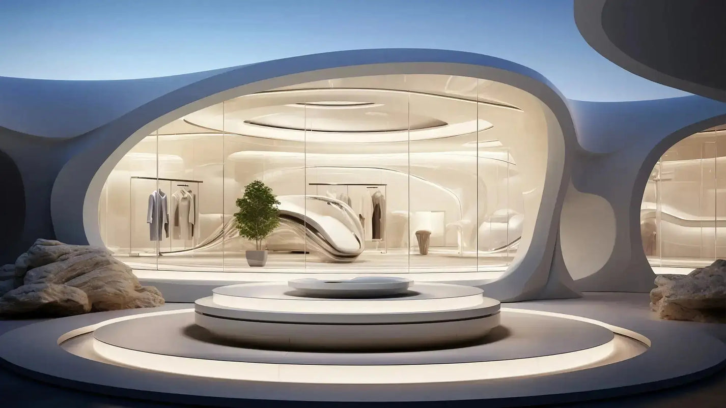 Futuristic white curved AI fashion display stand with lit circular tiers