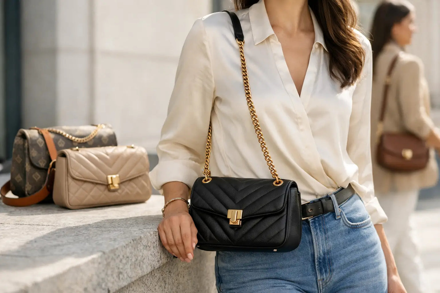 Black quilted leather luxury crossbody bag for women with gold-tone chain strap and clasp for everyday use