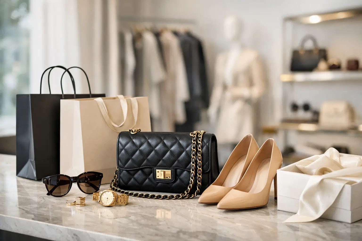 Black quilted leather handbag with gold tone chain strap and clasp featured in luxury fashion shopping guide.