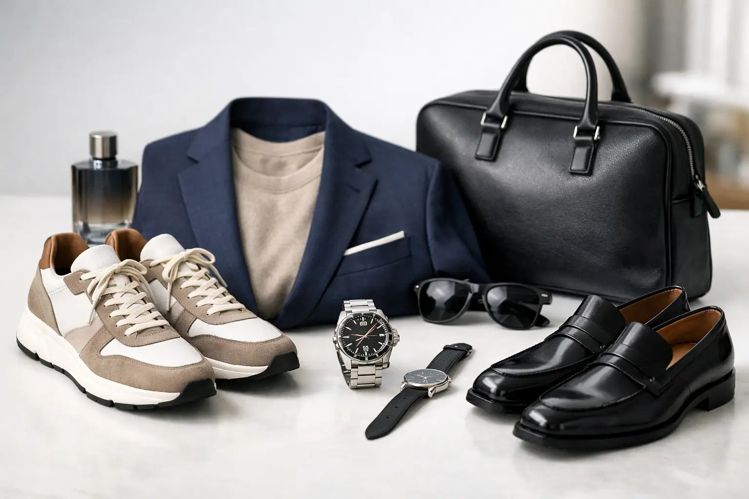 Navy blue men’s designer blazer with beige inner shirt and white pocket square in new arrivals collection.