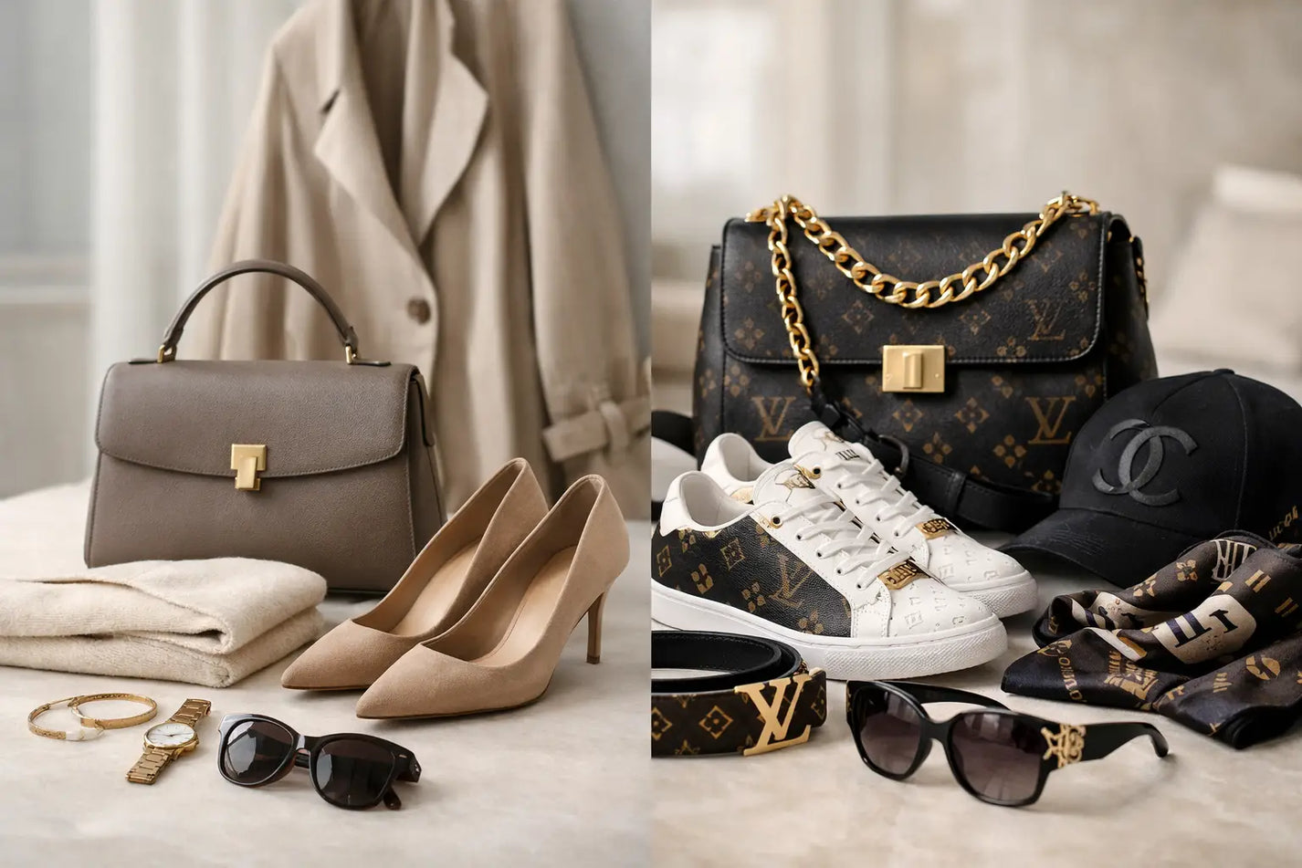 Black Louis Vuitton handbag with gold chain and monogram pattern illustrating quiet luxury vs logo fashion.