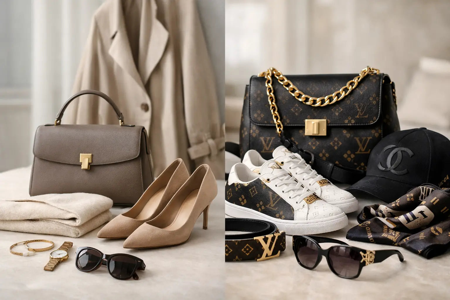 Black Louis Vuitton handbag with gold chain and monogram pattern illustrating quiet luxury vs logo fashion.