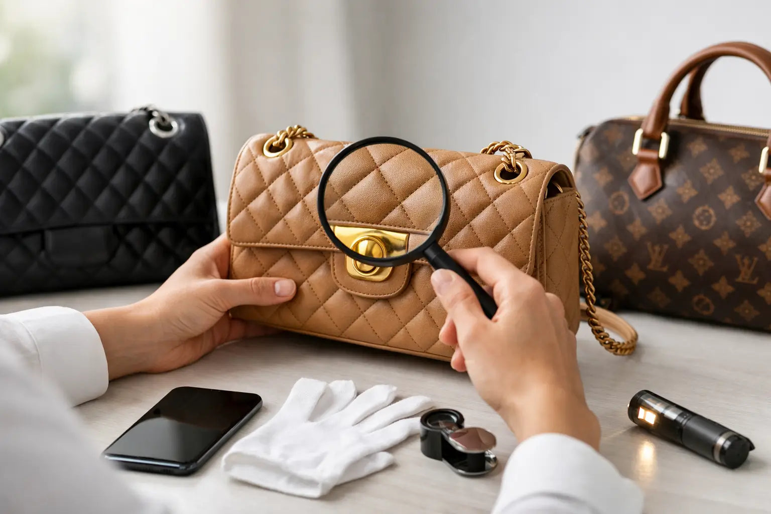 Tan quilted leather handbag with gold-tone hardware and classic chain strap for spotting authentic designer bags.