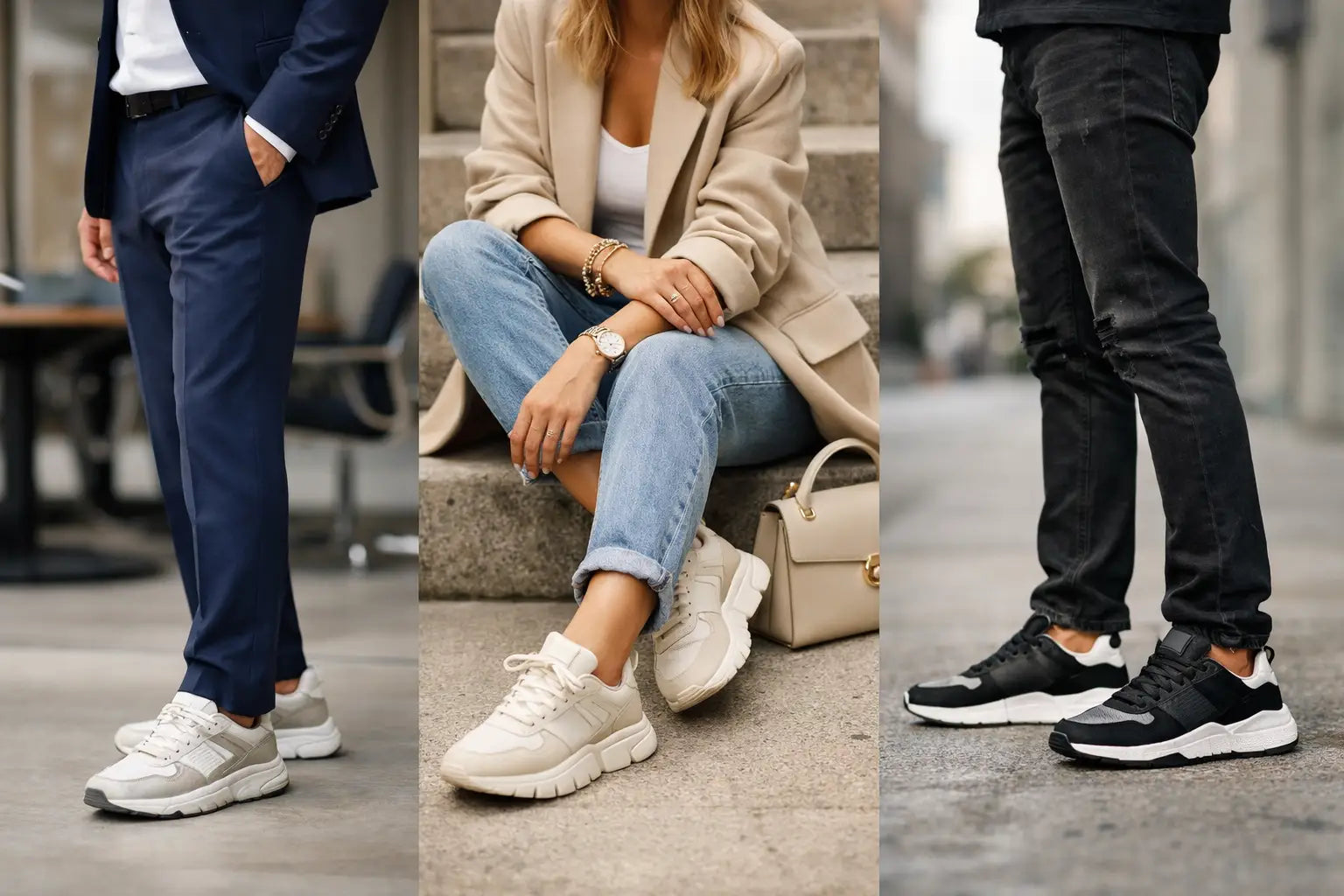 The image shows three pairs of modern designer sneakers in gray white minimalist chunky black colorways for styling tips.
