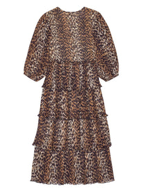 Ganni Leopard Pleated Georgette Flounce Smock Midi Dress