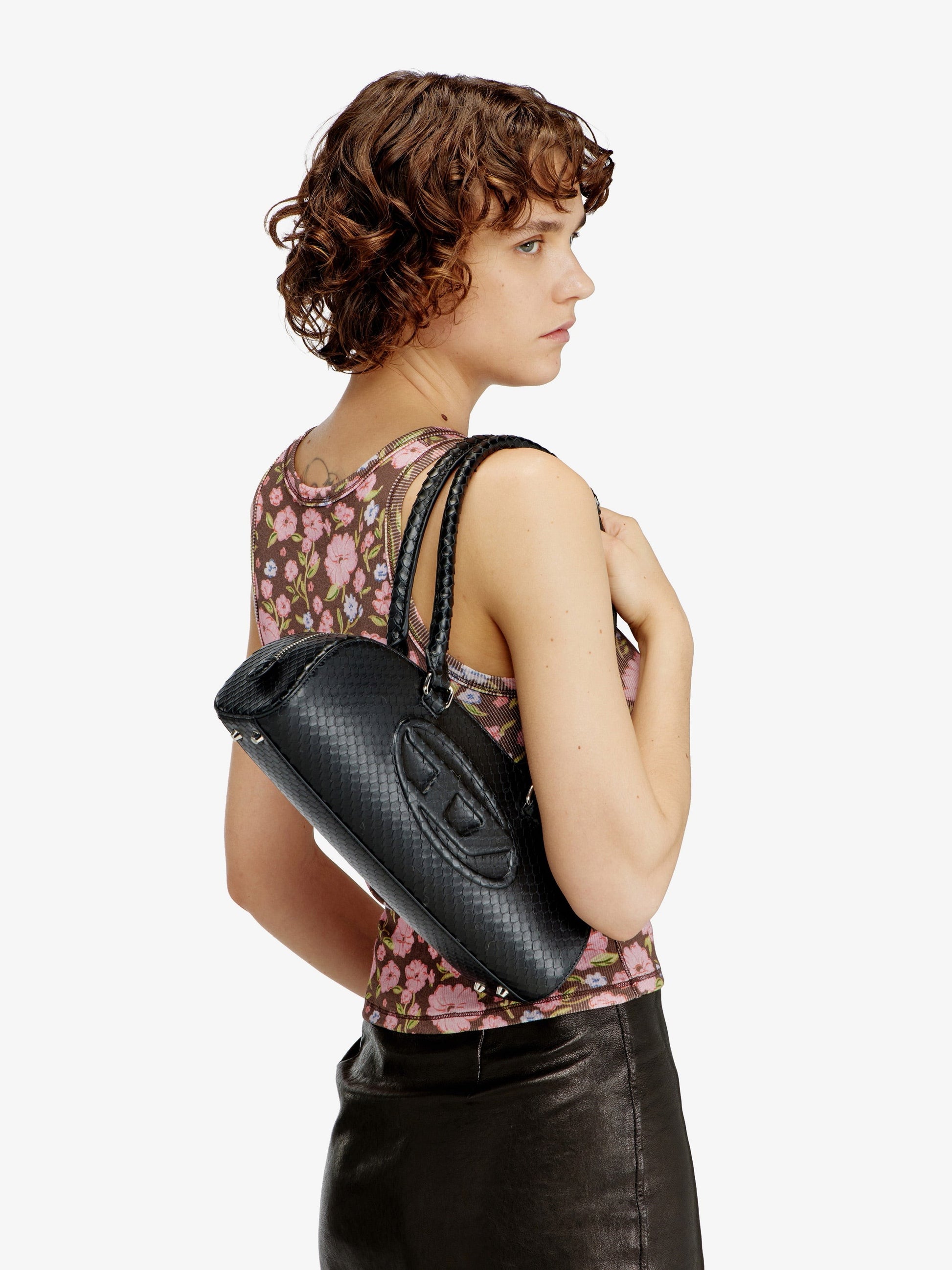 Diesel Women's Python Effect Leather Shoulder Bag Black