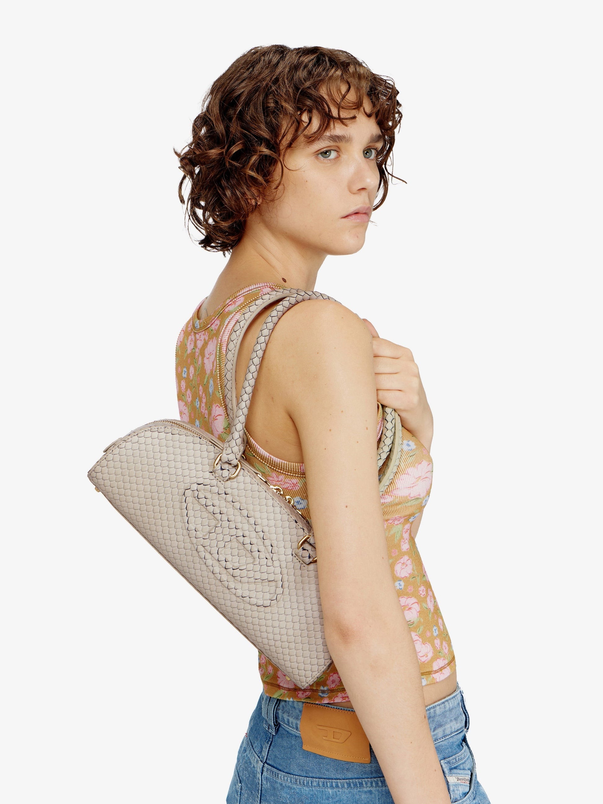 Diesel Women's Python Effect Leather Shoulder Bag Beige