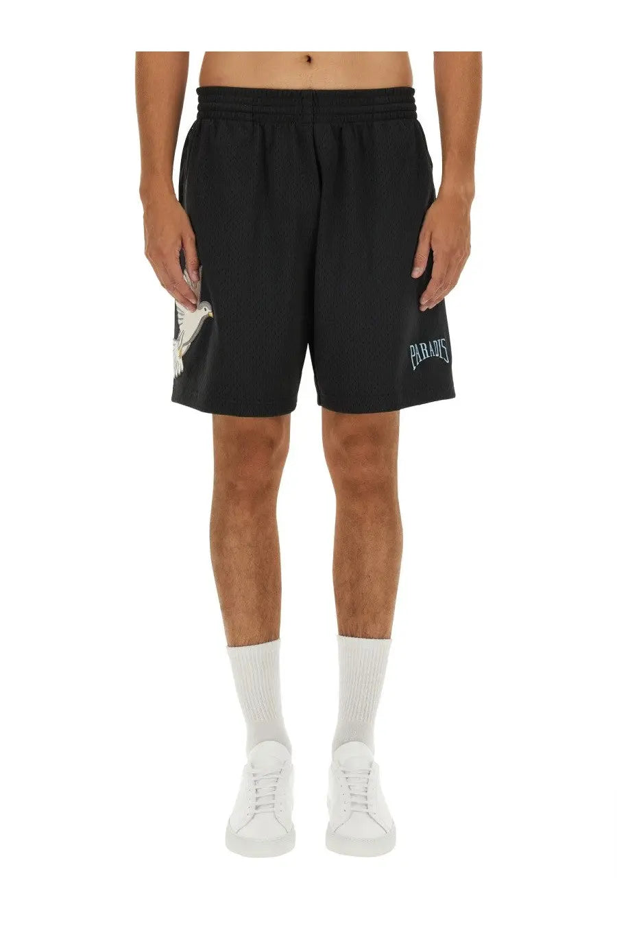 3.paradis men’s bermuda black mesh shorts with white dove graphic on left leg and paradise embroidered on right