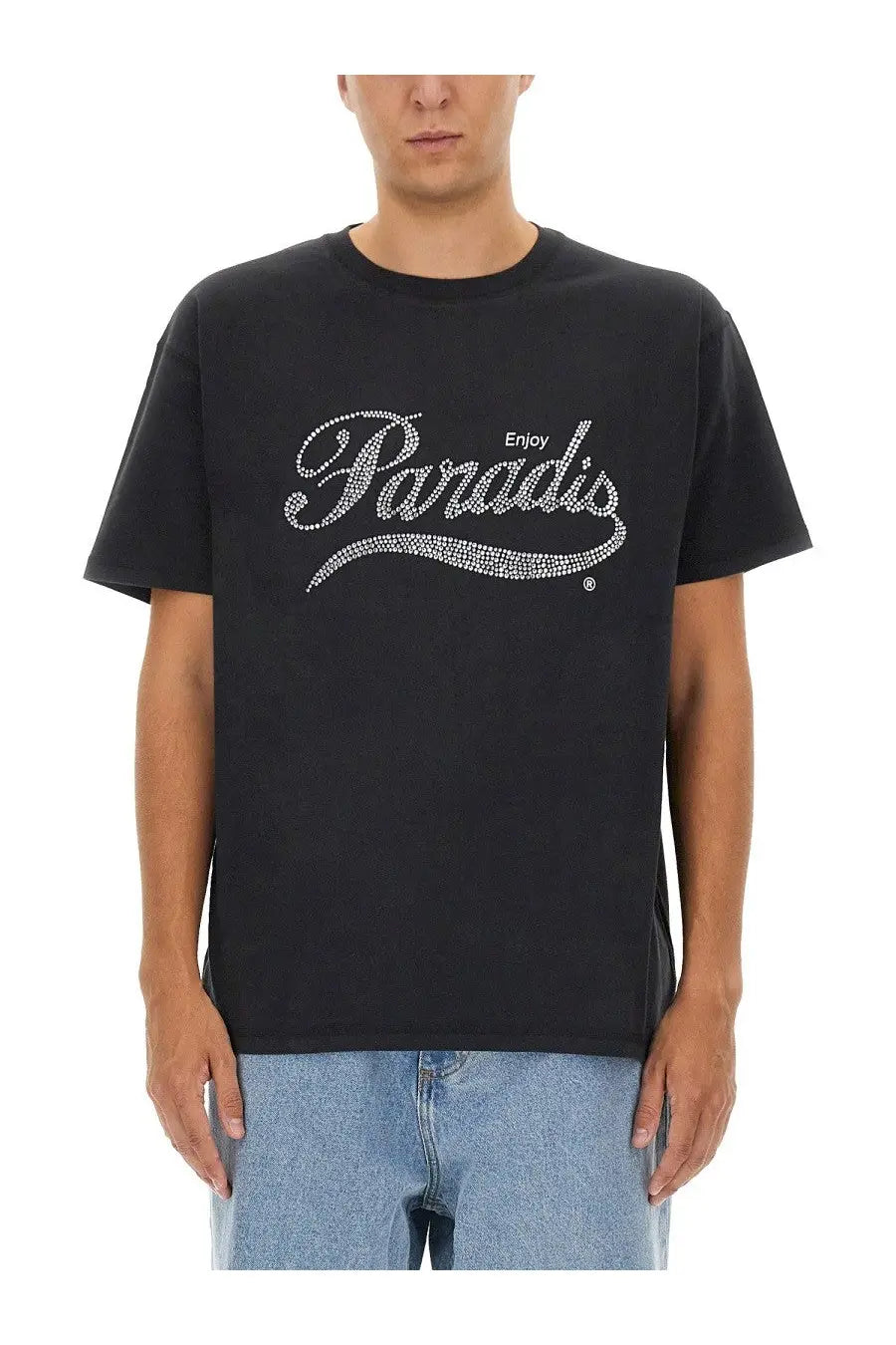 Black short-sleeved cotton t-shirt with sparkling white enjoy paradis rhinestone logo for men by 3.PARADIS Coca Cola