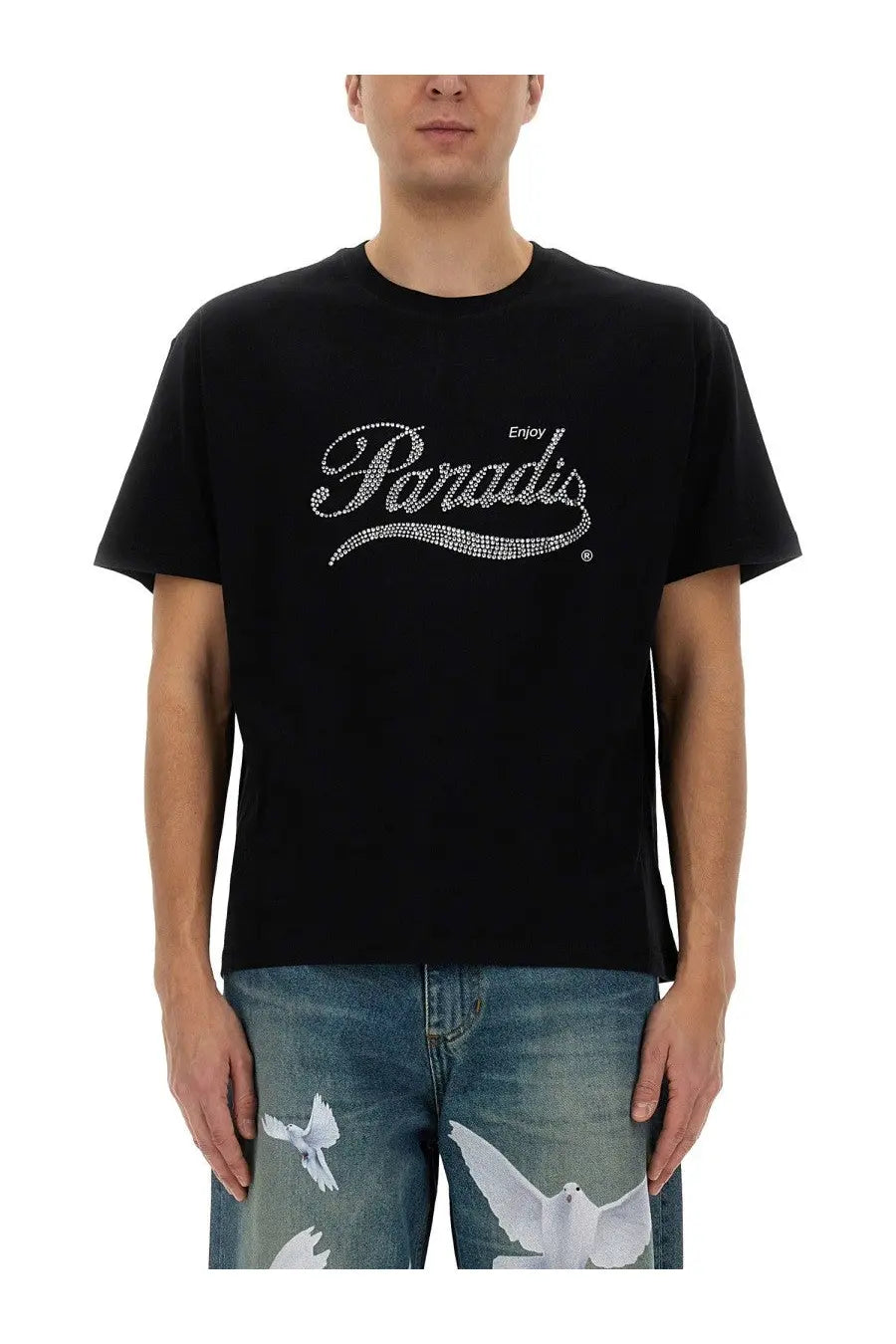 Black short-sleeved 3.paradis crystal shirt with enjoy paradis in sparkling white rhinestones across the chest
