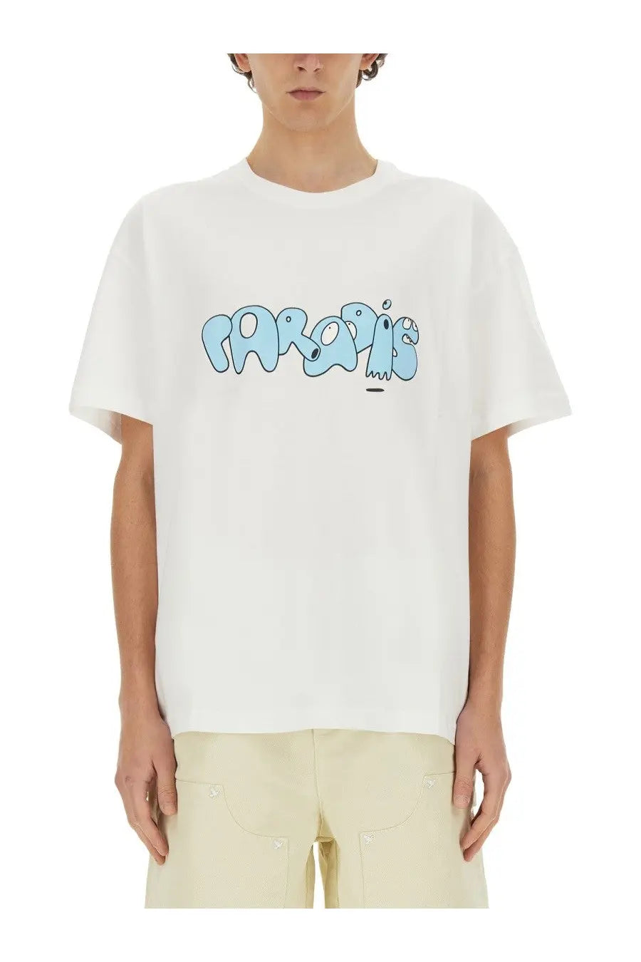 White cotton 3paradis men’s edgar plans t-shirt with light blue graffiti style paradis graphic print