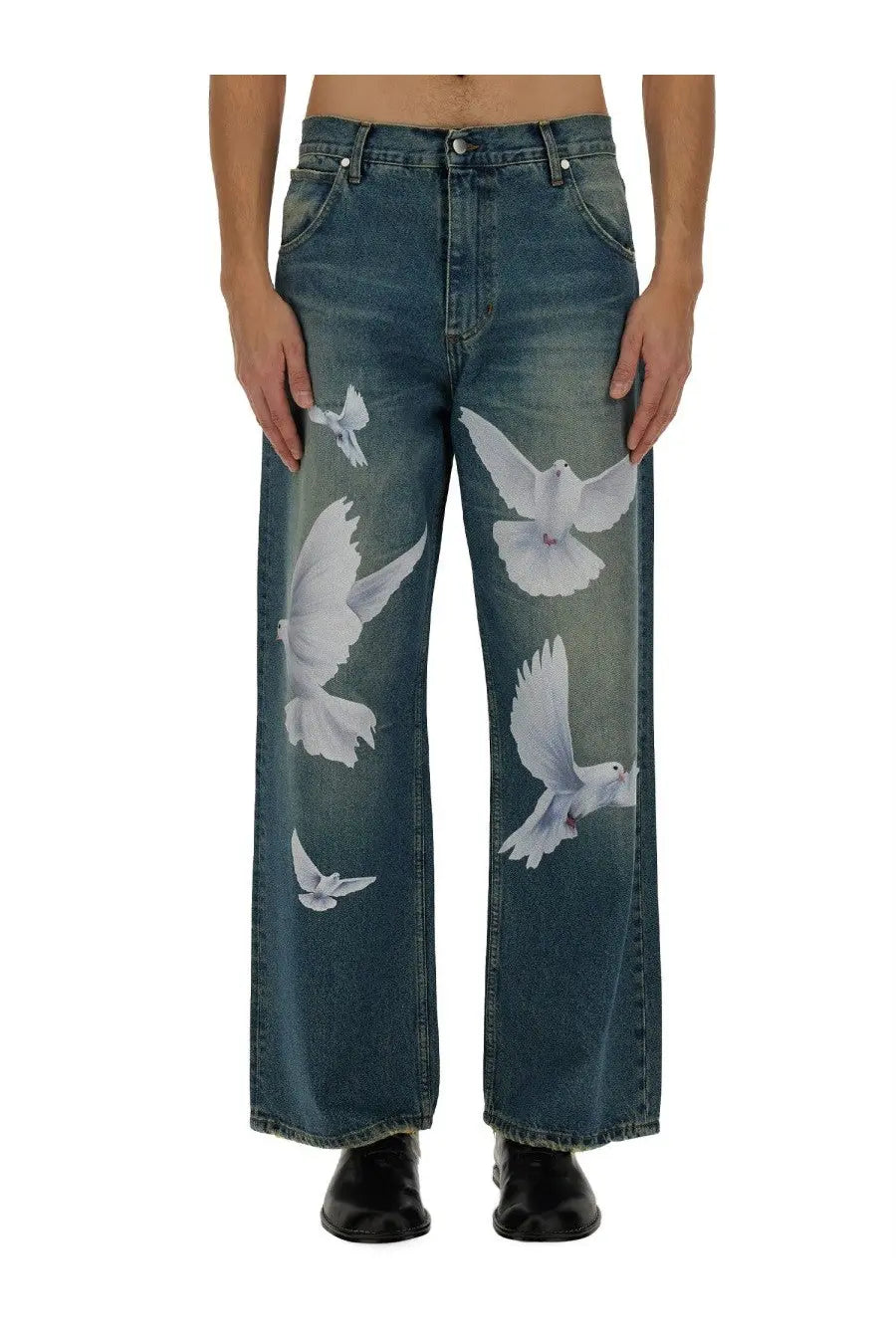 3.paradis men’s freedom jeans blue wide-leg denim with white doves print in flight on front side