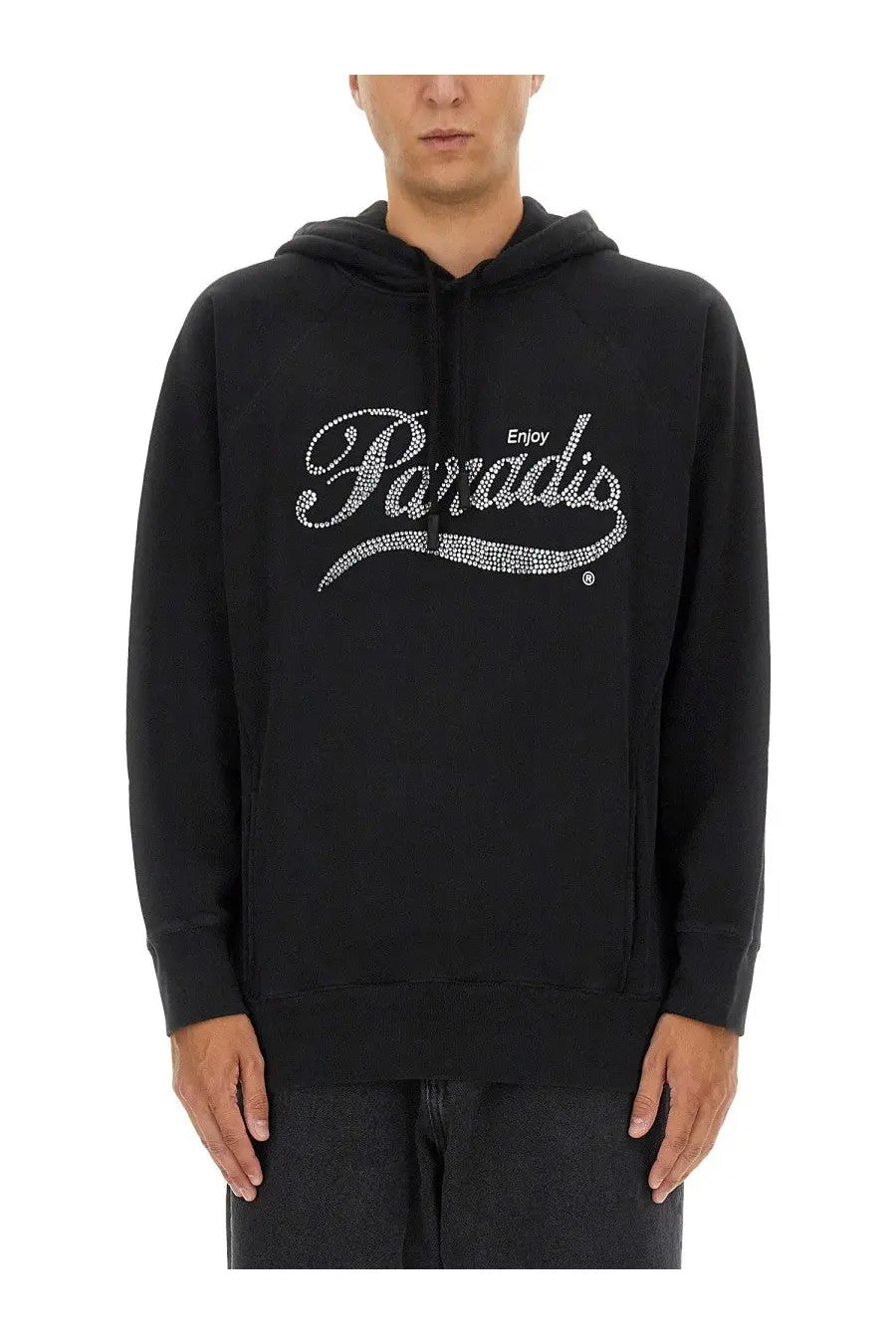 Black 3.paradis men’s hoodie featuring a sparkling white enjoy paradis logo across the chest