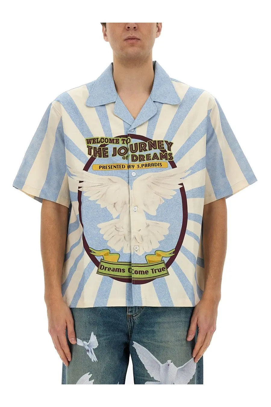 Light blue and cream striped short-sleeved shirt with white doves graphic and welcome to the journey of dreams text by 3.1 phillip lim