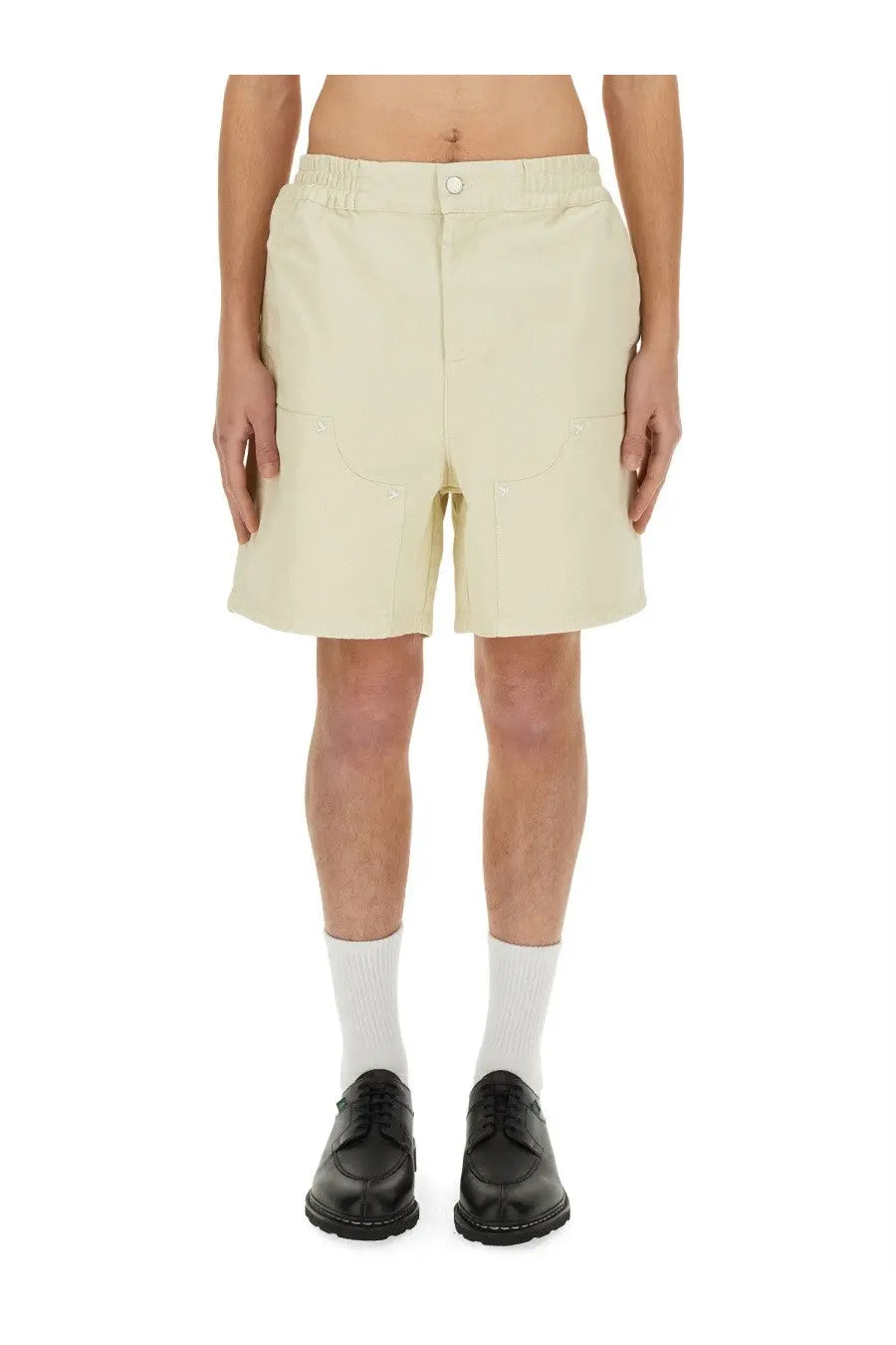 3.paradis men’s twill beige shorts in cream color with relaxed fit button closure and two front pockets