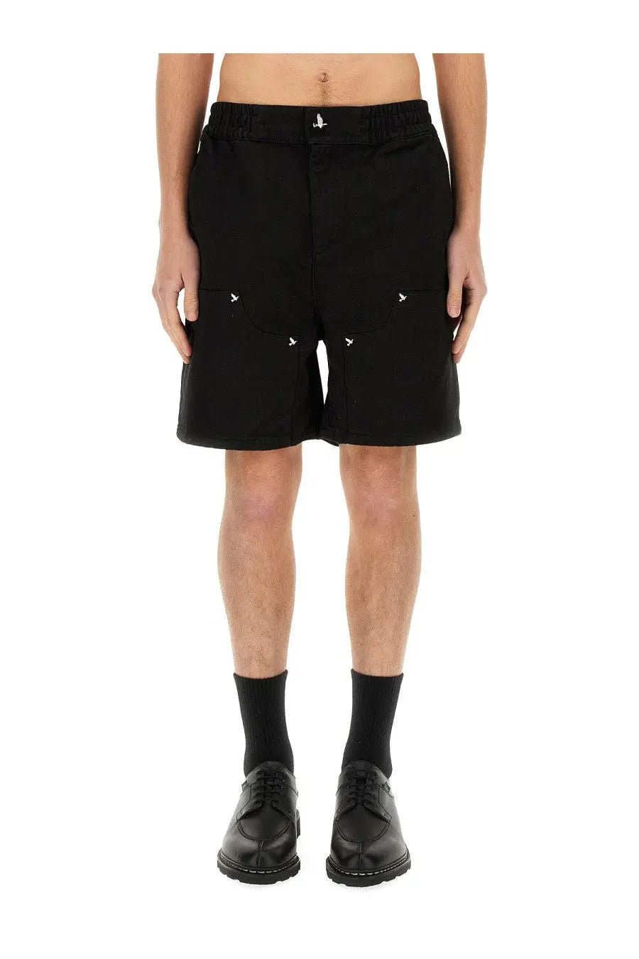 3.paradis men’s black twill shorts with white embroidered bird motifs on front pockets and waistband