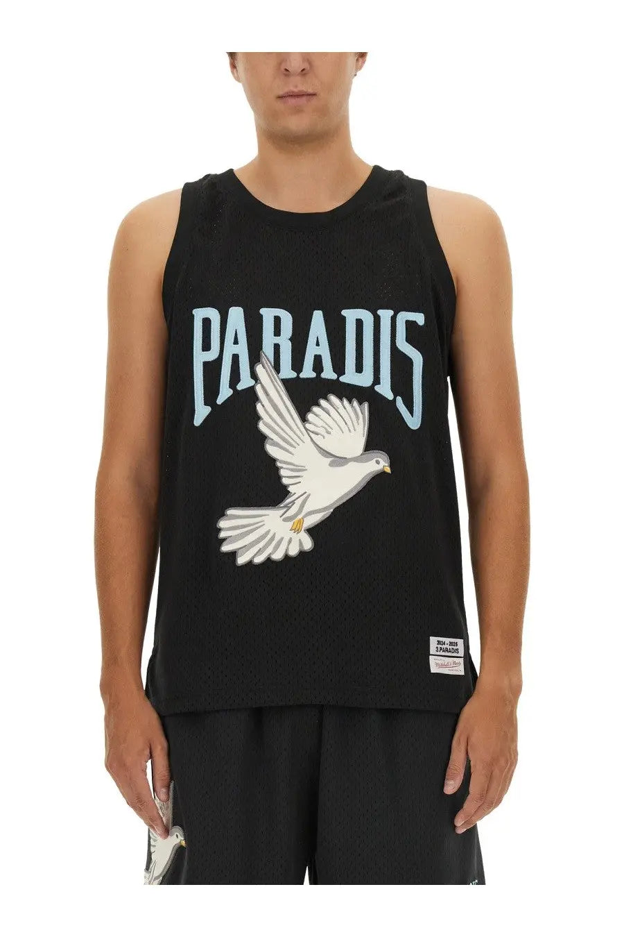 Black mesh tank top from 3paradis men’s tops featuring light blue paradis arch and white dove graphic with yellow feet