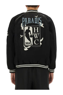 3.paradis men’s varsity bomber jacket black with white embroidered nba logo paradishwc text and birds in flight accents