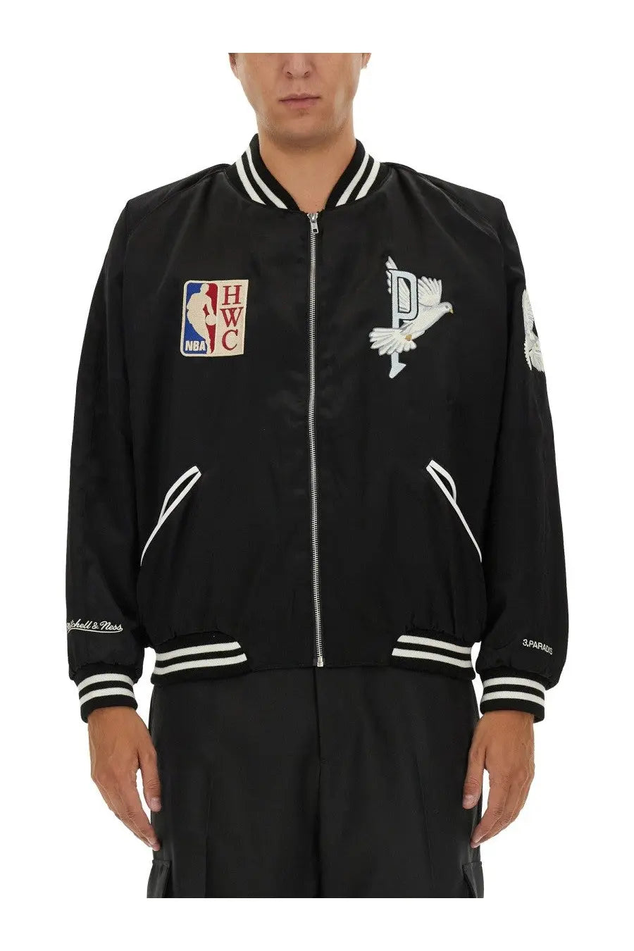 3.paradis men’s black satin varsity jacket with white embroidered nba logo hwc patch and stylized dove emblem on chest