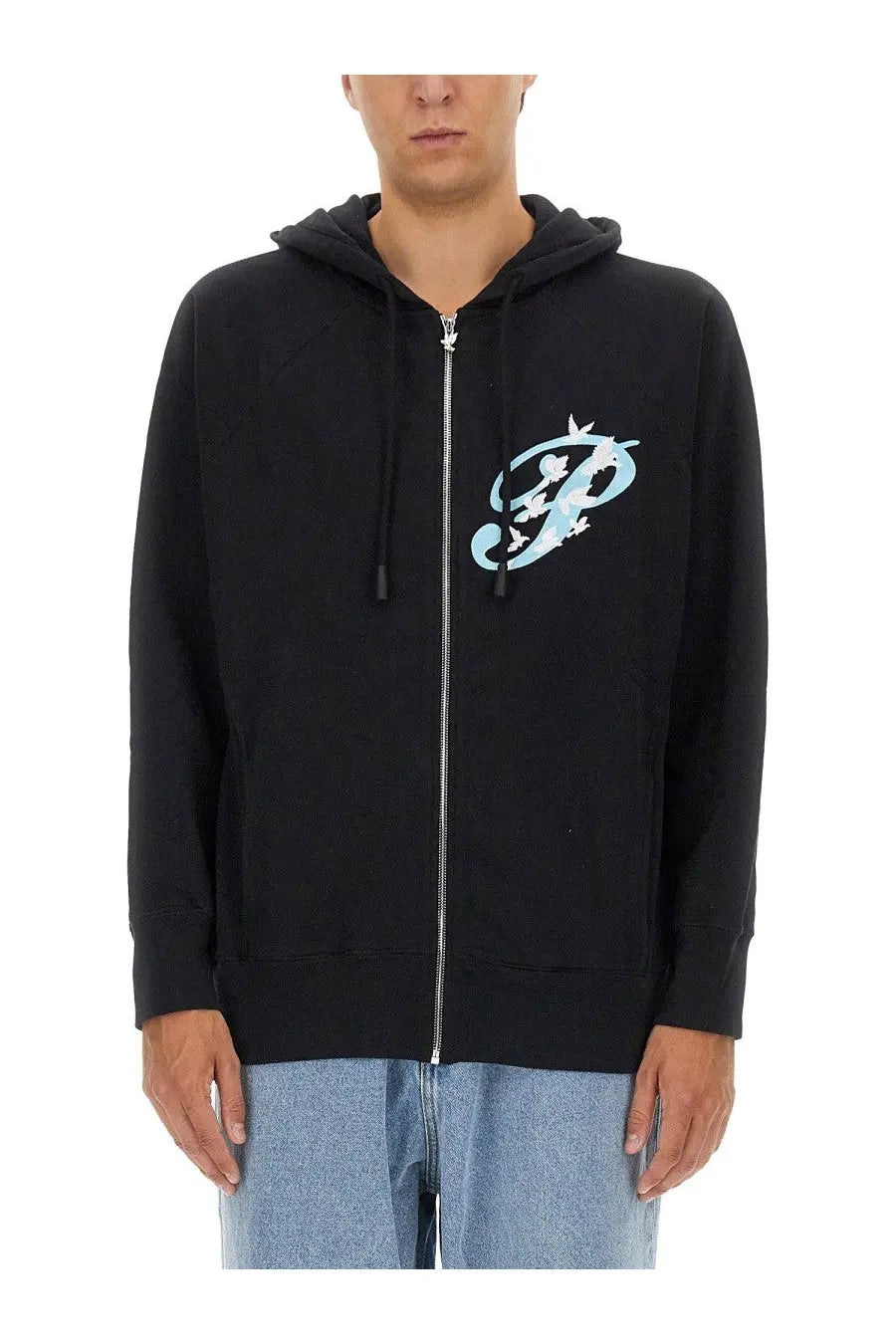 3.PARADIS mens black zip-up hoodie with light blue chest logo