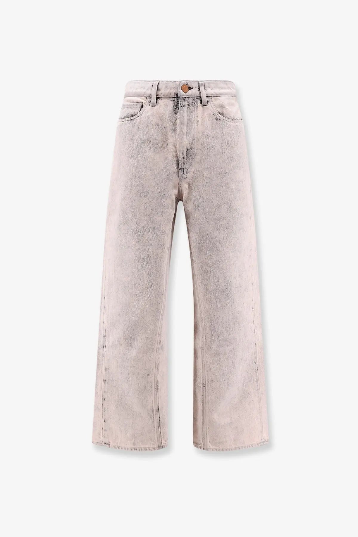 3x1 women’s denim wide-leg jeans in faded light gray wash with subtle distressing and frayed hems