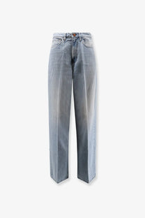 High-waisted 3x1 women flip blue denim jeans with faded gradient wash from light blue to darker grayish-blue