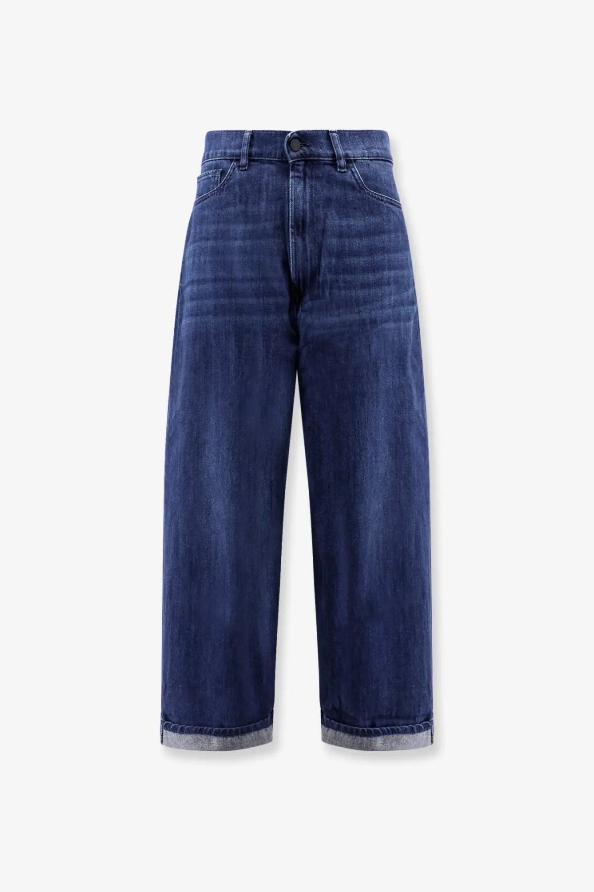 Dark blue denim 3x1 women’s skater boyfriend jeans with high waist wide legs and rolled cuffs revealing lighter fabric