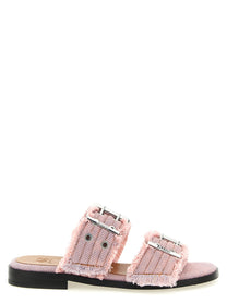 GANNI Women's Feminine Buckle Fringed Denim Sandals Pink