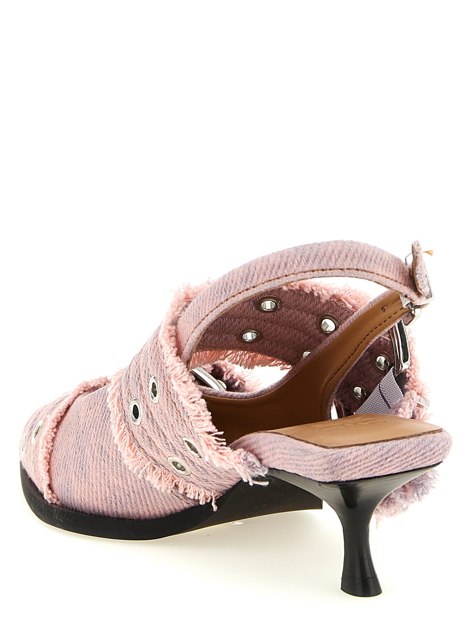 GANNI Women's Feminine Buckle Fringed Denim Slingback Pink