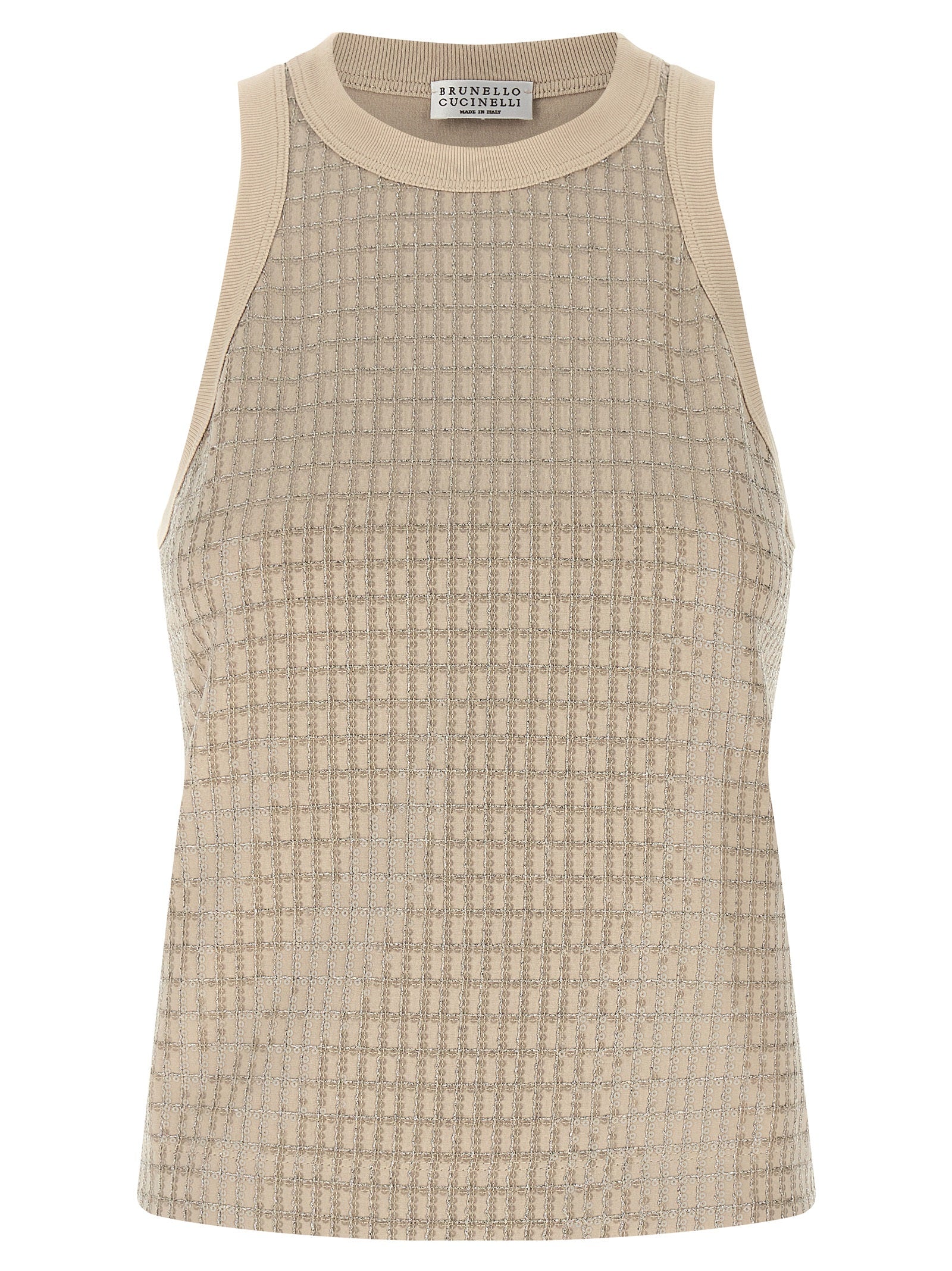 BRUNELLO CUCINELLI - BRUNELLO CUCINELLI Women’s Dazzling Check Embroidery Top Beige - Women’s Tops