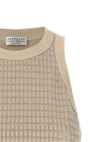 BRUNELLO CUCINELLI - BRUNELLO CUCINELLI Women’s Dazzling Check Embroidery Top Beige - Women’s Tops