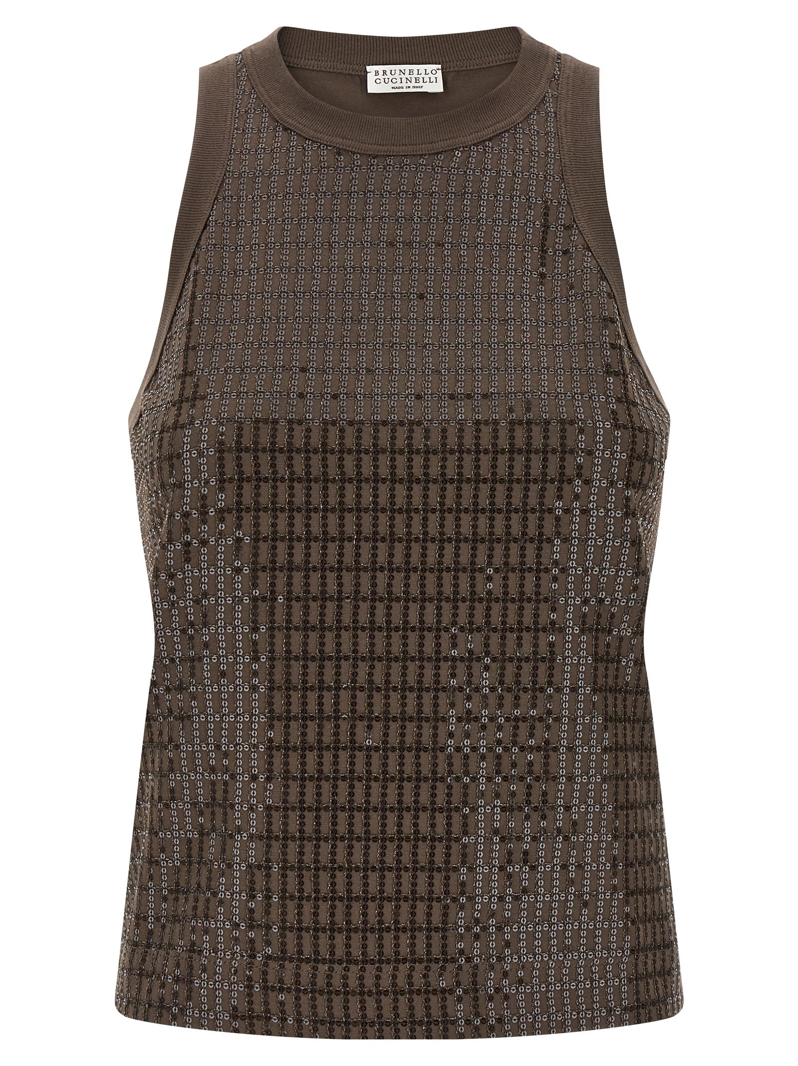 BRUNELLO CUCINELLI - BRUNELLO CUCINELLI Women’s Dazzling Check Embroidery Top Brown - Women’s Tops